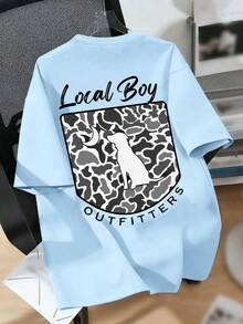 Boys Casual Crew Neck Short Sleeve T-Shirt, Printed With "Local Boy" And "OUTFITTERS" Text, Animal (Dog) Pattern, Fashionable And Versatile, Suitable For Teen Streetwear, Appropriate For Spring And Summer Seasons - Baby Blue - View 2