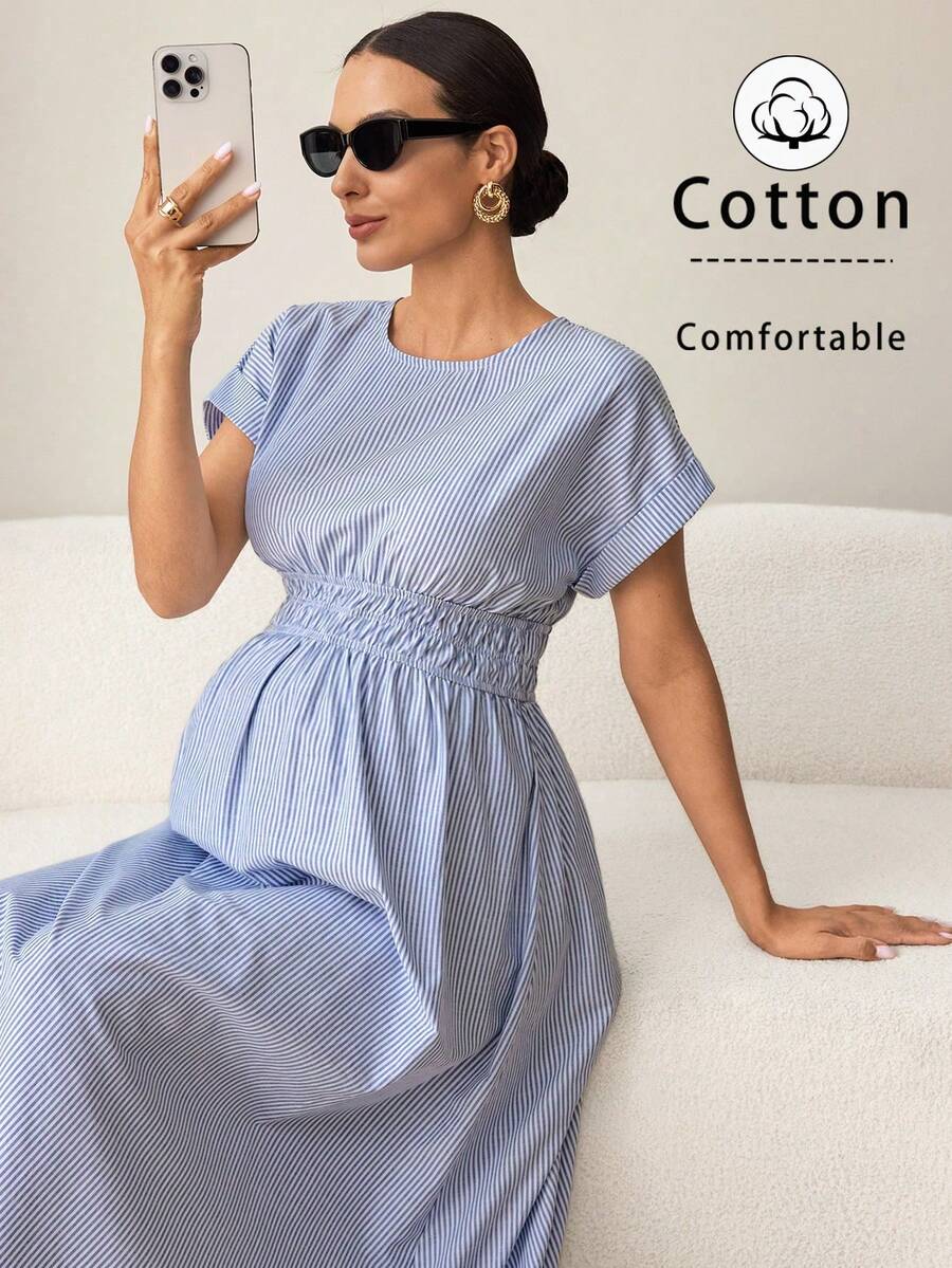 MaterniWear Vestido de maternidad de cuello redondo, manga raglán y cintura con puños a rayas - Azul - Ver 1