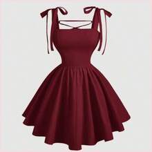 MOD Vestido negro romántico con espalda descubierta y lazo, adecuado para citas, fiestas, vacaciones, fiestas de té y ocasiones de cumpleaños - Burdeos - Ver 1