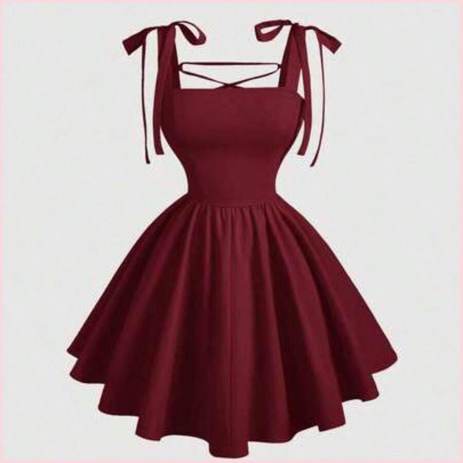 MOD Vestido negro romántico con espalda descubierta y lazo, adecuado para citas, fiestas, vacaciones, fiestas de té y ocasiones de cumpleaños - Burdeos - Ver 1