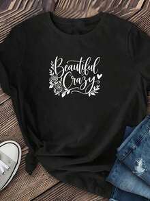 LooseCamiseta de manga corta para mujer con estampado de letras "Hermosa y salvaje"|     Fibra casual de moda, elasticidad media, lavable a máquina, cuello redondo, corte regular, adecuada p - Negro - Ver 1