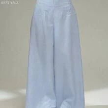 Soqi Women's Clothing PETITE Pantalones rectos de talle alto de rayas azules y blancas, elegantes, casuales, sencillos, para ir a la oficina, uso diario y vacaciones - Azul - Ver 7