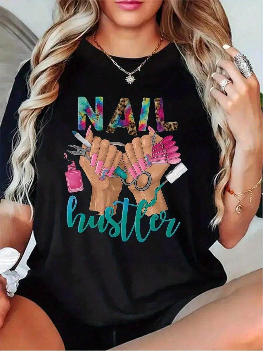 1 Piece Women's Short Sleeve T-Shirt, 100% Pure Cotton, Casual Crew Neck With Print, Breathable Short Sleeves For Everyday Wear. Nail Artist - 黑色 - 查看 1
