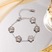 1pc Stainless Steel Heart Clover Stud Bracelet Five-Leaf Clover Bracelet Fashion Versatile Non-Fading Daily Wear Jewelry - Multicolor - View 9