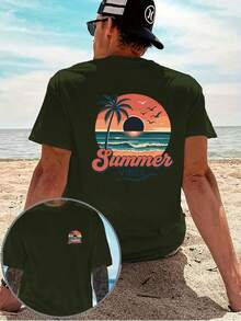 Una camiseta casual para hombre con un diseño creativo, que presenta un estampado de cocoteros y atardecer en ambos lados, estilo vacaciones tropicales, ambiente relajado de verano, camiseta - Negro - Ver 10