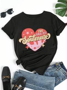 Women's Pure Cotton Short Sleeve T-Shirt Casual Summer Graphic Print Heart Soulmate Lettering Tee Top - Black - View 5