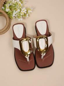 Women's Square Toe Toe-Clip Slippers With Exaggerated Oversized Metal Buckle - White - View 2