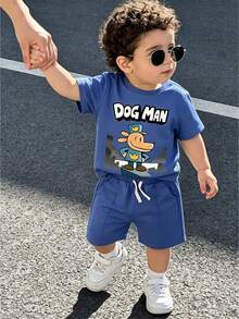 2pcs/Set Boys' Cartoon Letter Print Round Neck Short Sleeve T-Shirt And Drawstring Waist Shorts Casual Outfit - Blue - View 1