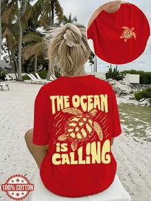 Women's Casual Loose Summer Top, Vintage Style, 'THE OCEAN IS CALLING' Print, Round Neck, Short Sleeve, Drop Shoulder, Pure Cotton Oversize - 紅色 - 查看 1