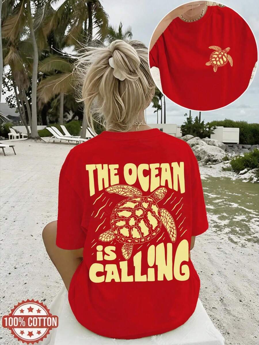 Women's Casual Loose Summer Top, Vintage Style, 'THE OCEAN IS CALLING' Print, Round Neck, Short Sleeve, Drop Shoulder, Pure Cotton Oversize - 紅色 - 查看 1