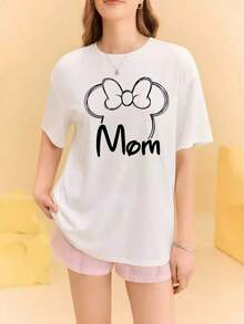 Disney 'Sold Separately', A Couple'S Short-Sleeve T-Shirt Featuring A Print Design Of Mickey Mouse'SOutline With The Words "DAD MOM" On The Front,Suitable For Both Men And Women - 女士-白色 - 查看 2