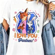 Disney Zootopia Oversized Women's T-Shirt, "I Love You Partner!" Nick Wilde & Judy Hopps Graphic Tee, Casual Loose Fit Shirt, Perfect Gift For Fans - 白色 - 查看 1