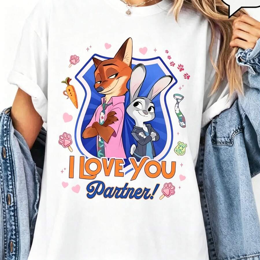 Disney Zootopia Oversized Women's T-Shirt, "I Love You Partner!" Nick Wilde & Judy Hopps Graphic Tee, Casual Loose Fit Shirt, Perfect Gift For Fans - 白色 - 查看 1