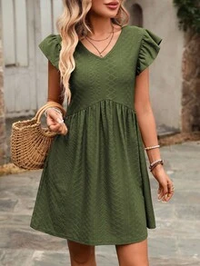 REFRESH YOUR WARDROBE NOW! French-Style Day Dress, V-Neck, Short Sleeves With Romantic Ruffles, Wide And Flowing Skirt, The Essence Of Country Chic For Walks In The Sun - Army Green - View 5