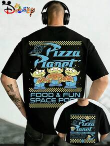 Disney Toy Story Pizza Planet Alien Graphic Tee, Men's Retro Oversized Crew Neck T-Shirt, Space Alien Print Black Streetwear - 黑色 - 查看 1