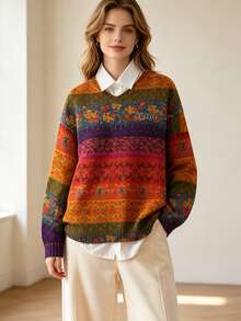 Vipngre Maglione vintage in jacquard floreale a maglia, pullover ampio con spalle cadenti e maniche lunghe, taglie forti da donna, rosso autunno/inverno vacanze - Rosso - Visualizzare 2