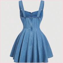 MOD Vestido corto de peto vaquero de mujer, informal y entallado, color azul - Azul lavado oscuro - Ver 3