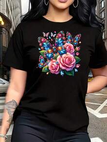 Camiseta de Mujer con Estampado de "Flores y Mariposas", Talla Grande, 1 Pieza, Camiseta Divertida de Manga Corta con Diseño Gráfico, Novedosa, 100% Algodón, Cuello Redondo Casual, 220g - Negro - Ver 1
