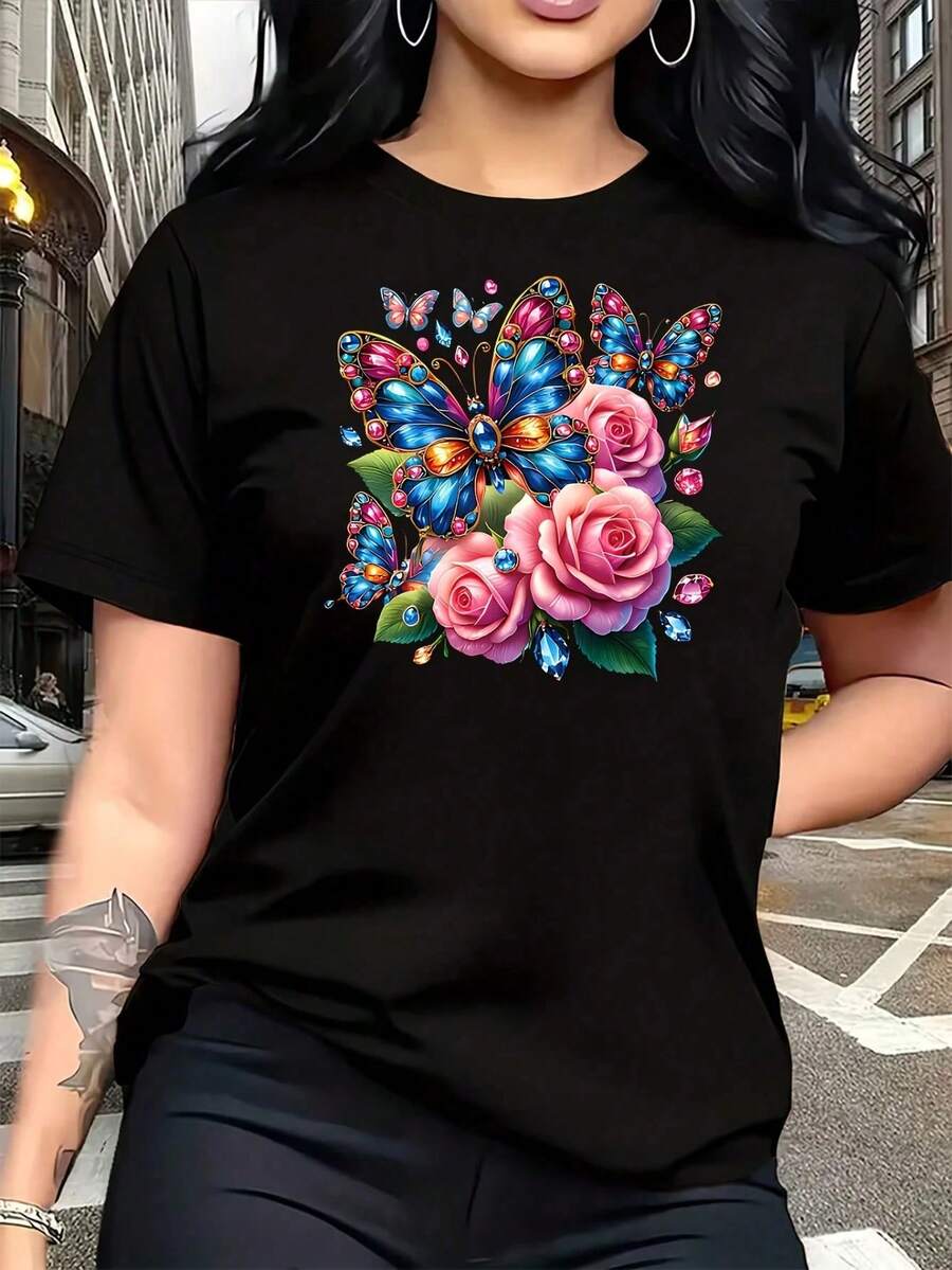 Camiseta de Mujer con Estampado de "Flores y Mariposas", Talla Grande, 1 Pieza, Camiseta Divertida de Manga Corta con Diseño Gráfico, Novedosa, 100% Algodón, Cuello Redondo Casual, 220g - Negro - Ver 1