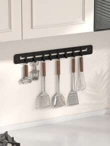 Easy To Install Black Hook Rack With 8 Adjustable Hooks - No Drilling Required, Suitable For Hanging Kitchen Utensils, Towels, Cutting Boards, Clothes And Brushes - Contemporary Style, Multi-Purpose, Space-Saving To Keep Kitchen Countertop Organized - Hook Up - View 1
