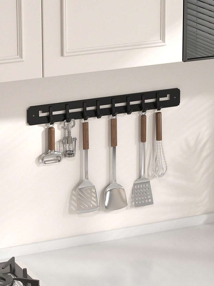 Easy To Install Black Hook Rack With 8 Adjustable Hooks - No Drilling Required, Suitable For Hanging Kitchen Utensils, Towels, Cutting Boards, Clothes And Brushes - Contemporary Style, Multi-Purpose, Space-Saving To Keep Kitchen Countertop Organized - Hook Up - View 1