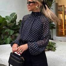 MUMRAP Blusa suelta con lazo y lunares de moda primaveral casual para mujer, elegante blusa de manga larga para vacaciones - Negro01 - Ver 1