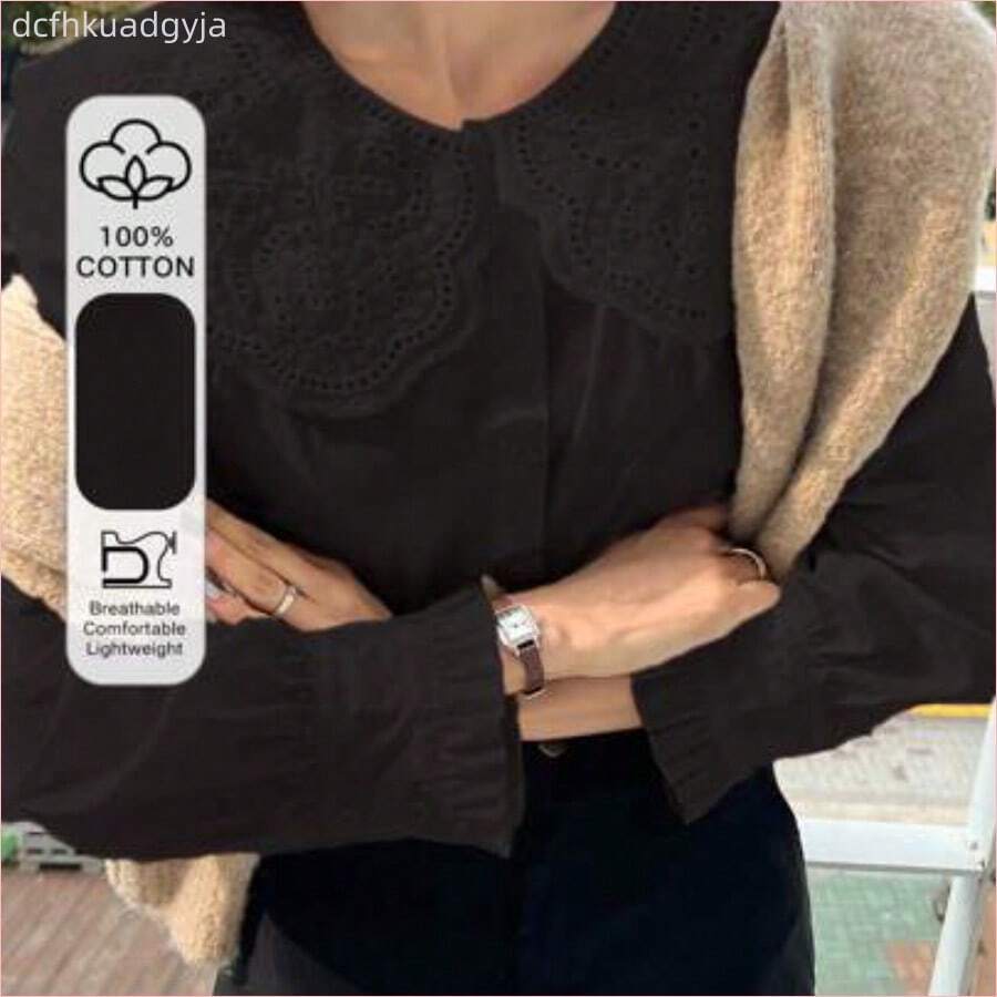 WNS Camisa de manga larga con cuello Peter Pan bordado, de estilo patchwork y calado, para el verano - Negro01 - Ver 1