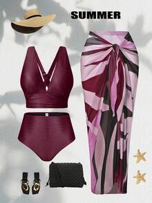 Swim Conjunto de bikini de 3 piezas de tela especial en unicolor y pareo impreso al azar para mujer de talla, conjunto de playa - Morado - Ver 1