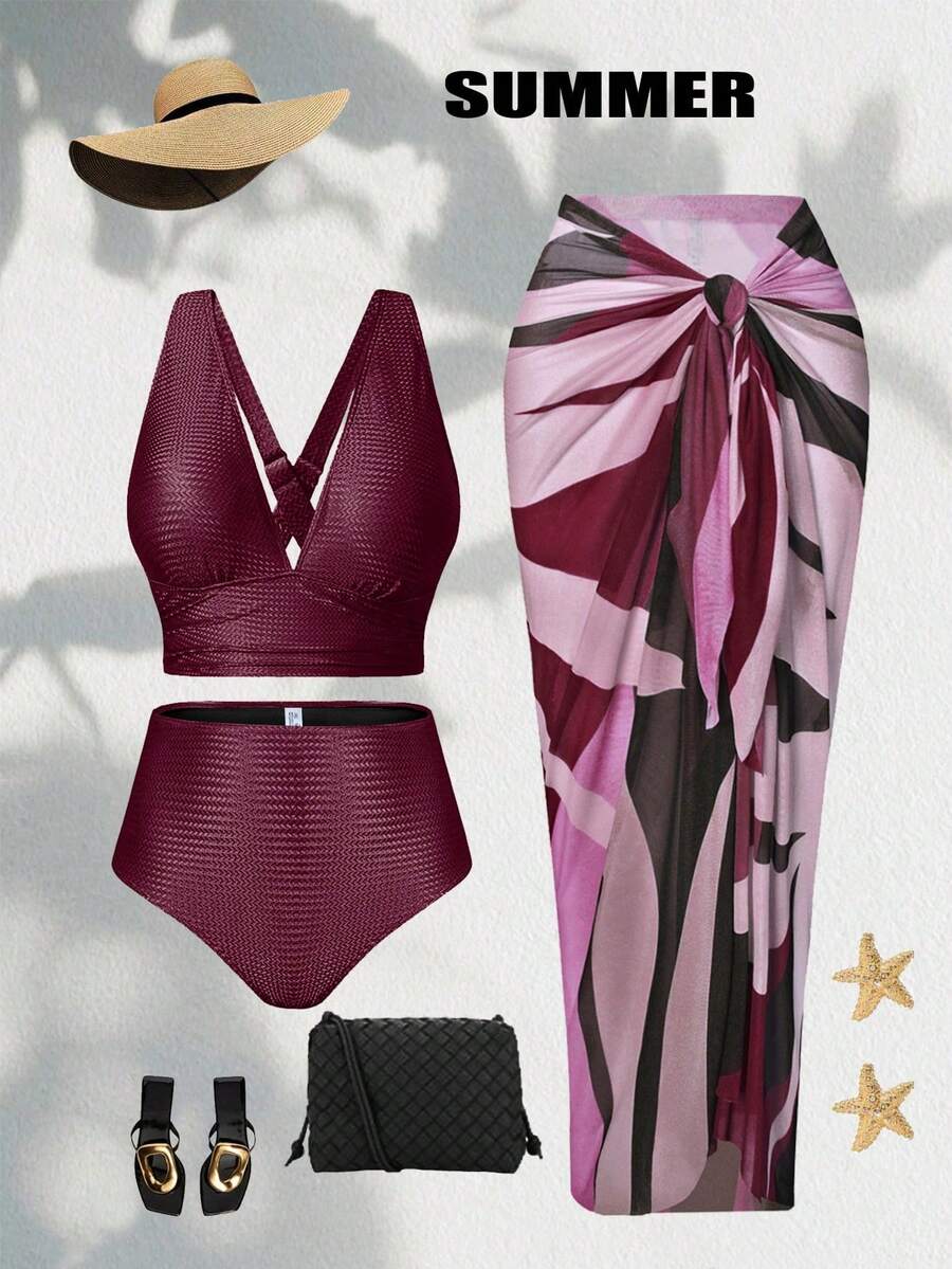 Swim Conjunto de bikini de 3 piezas de tela especial en unicolor y pareo impreso al azar para mujer de talla, conjunto de playa - Morado - Ver 1