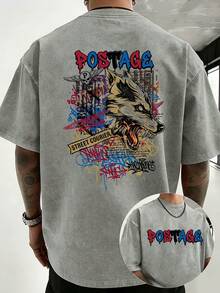 100% Cotton, 230g Weight, Casual T-Shirt With Double-Sided Graffiti-Style Wolf Head Print By Street Courier. Unisex Loose Fit, Perfect For Sports And Activities. - 灰色 - 查看 1