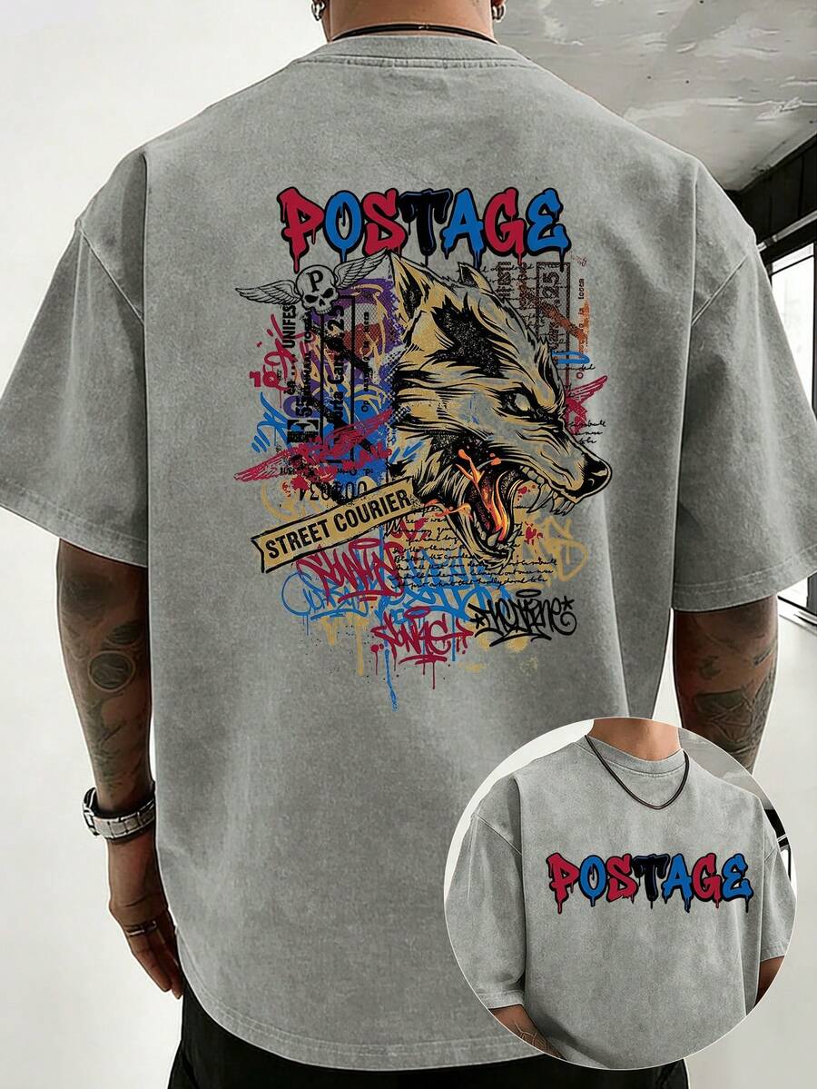 100% Cotton, 230g Weight, Casual T-Shirt With Double-Sided Graffiti-Style Wolf Head Print By Street Courier. Unisex Loose Fit, Perfect For Sports And Activities. - 灰色 - 查看 1