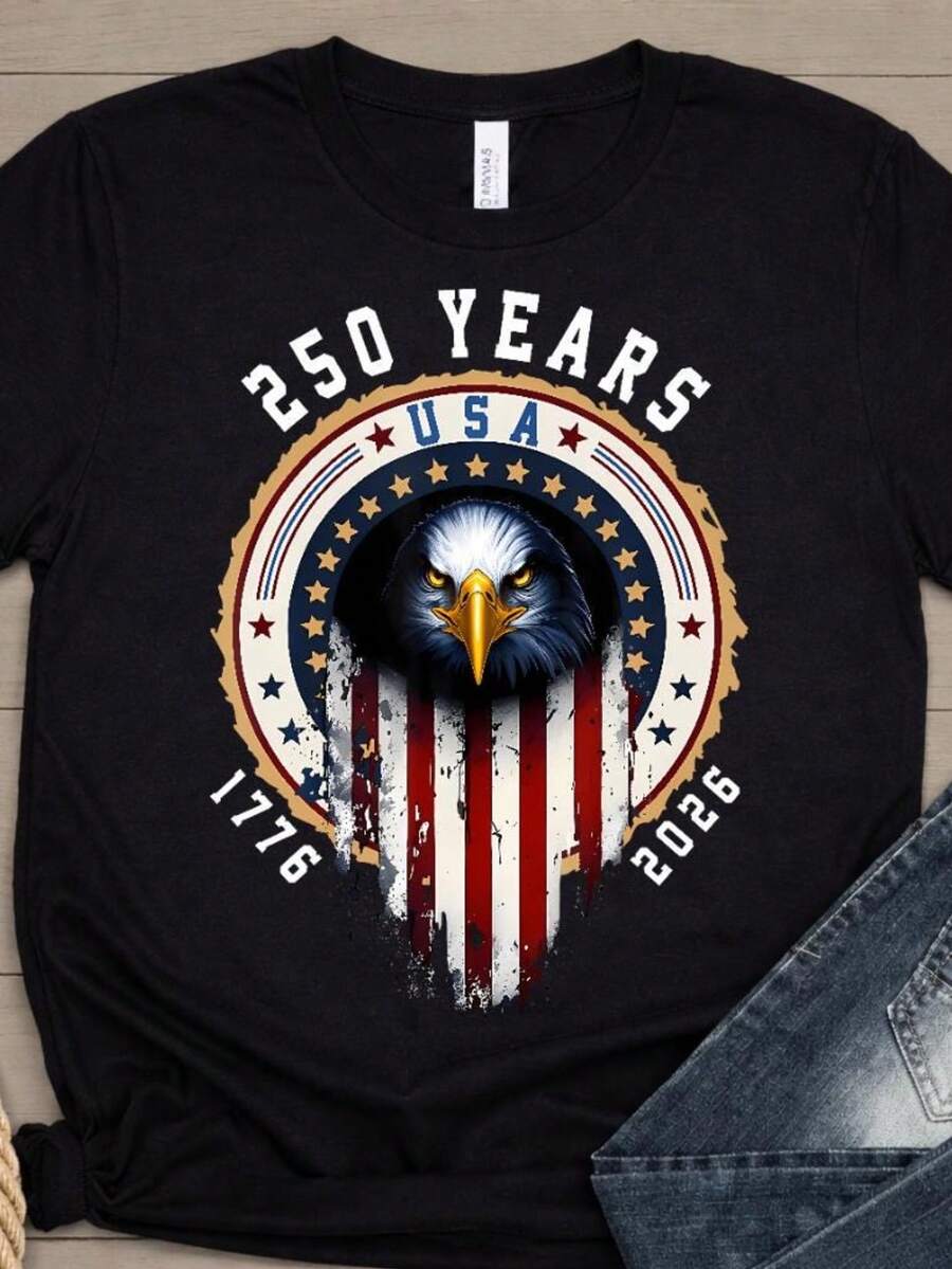 250 años de bandera del Águila de EE. UU., camisetas de manga corta para hombres y mujeres, estilo casual, talla extra grande, ropa de verano para mujeres, tops de verano, ropa de mujer Y2K, - Negro - Ver 1