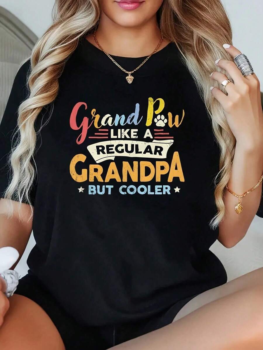 1 Piece Women's Plus Size T-Shirt With "Grand Paw" Graphic Print, Like A Normal Grandad But Cooler, Short Sleeve, 220g, Novelty, 100% Polyester, Casual Crew Neck - 黑色 - 查看 1