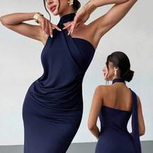 Vestido suelto con mangas acampanadas asimétricas de color marrón moca para mujer, vestido largo de moda, ropa de primavera/verano, adecuado para ir al trabajo, elegante, sexy - Negro1 - Ver 2