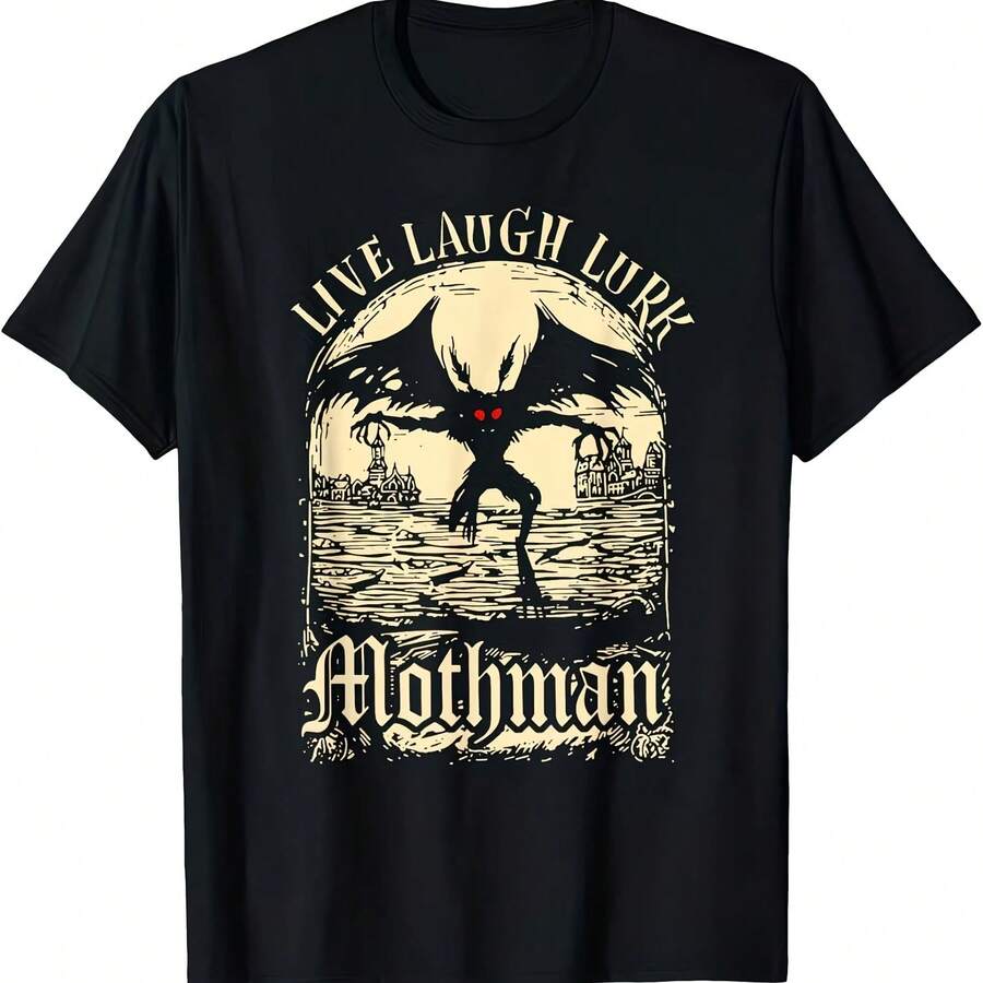 Mothman Live Laugh Lurk T-Shirt For Men And Women, Streetwear, Oversized Style, Casual, Vintage, Harajuku, Crew Neck, Novelty And Comfortable - 彩色 - 查看 1