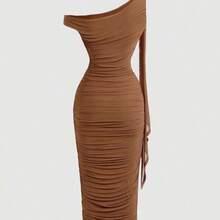 MOD Vestido de mujer de unicolor y longitud media con cuello asimétrico y drapeado, atuendos occidentales para mujeres, vestido de playa, atuendos de rave, vestido pastel - Negro1 - Ver 3