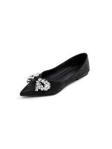 zuandashu Elegant Women's Flat Shoes, Versatile Rhinestone Bow Pointed Toe Slip-On Pumps, Soft Upper Low-Cut Loafers, Soft Sole Black Work Shoes, Commuter Shoes, Low-Top Casual Shoes For Women, Office, Party, Holiday, Banquet, Wedding, Suitable For Spring, Summer, Autumn, Winter - Black - View 11