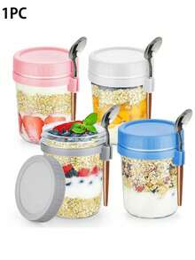 1PC Disposable Ready-To-Eat Oatmeal Cup (With Spoon), Portable Glass Salad Box, Yogurt Cup, Suitable For Breakfast Use - Multicolor - View 1