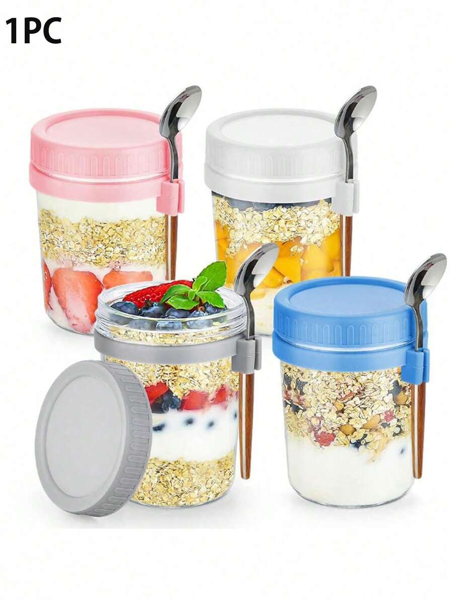 1PC Disposable Ready-To-Eat Oatmeal Cup (With Spoon), Portable Glass Salad Box, Yogurt Cup, Suitable For Breakfast Use - Multicolor - View 1