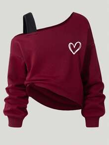Tween Girl Heart Pattern Print Asymmetrical Neckline Long Sleeve Sweatshirt And Straight Leg Pants Set - Burgundy - View 5