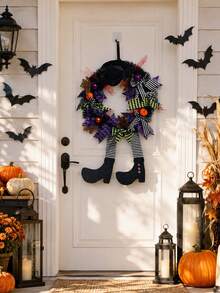Halloween Hexen-Kranz Dekorationsset mit schwarzen Fledermaus-Wandaufklebern und bohrfreien Haken, geeignet für Haustür, Kamin, Fenster, Wohnzimmerwand, Partyhintergrund, Spukhaus-Dekoration, Süßigkeitentisch und Halloween-Fotobereich, Hexenhut, gestreifte Beine, Kürbis, Schleifen-Elemente schaffen eine starke festliche Atmosphäre. - Halloween-Kranz-Set - Übersicht 8