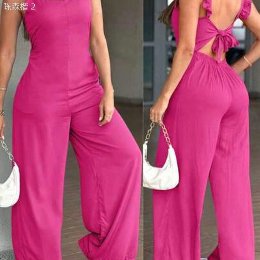 xuehuamaoyi02 Monos casuales de mujer de unicolor con volantes y tirantes ajustables, elegantes para primavera/verano - Rosa Fucsia - Ver 1