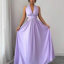 Elegante vestido sin mangas con cuello en V, diseño hueco en la cintura y pliegues, color morado, nueva llegada de primavera/verano - Morado - Ver 6