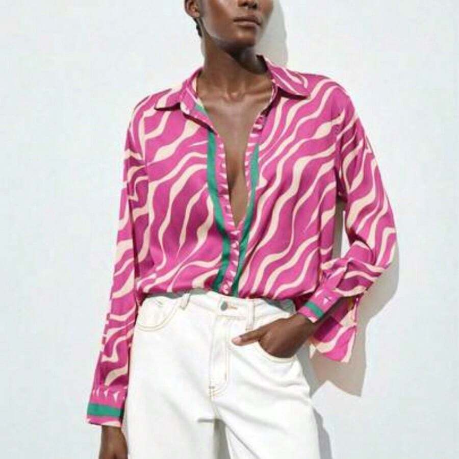 Maija Blusa abotonada de mujer con estampado de cebra multicolor naranja, versátil para todas las estaciones, ligera camisa de manga larga con estampado de bloques de color, - Rosa Fucsia - Ver 1