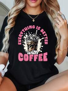 1 Pieza de Camiseta Divertida con Frases de Café 'Todo Es Mejor con Café' para Mujer, Talla Grande, Camiseta Gráfica de Manga Corta de 220g, Novedosa, 100% Poliéster, Estilo Casual con Cuell - Negro - Ver 1