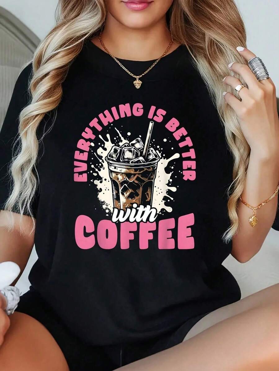 1 Pieza de Camiseta Divertida con Frases de Café 'Todo Es Mejor con Café' para Mujer, Talla Grande, Camiseta Gráfica de Manga Corta de 220g, Novedosa, 100% Poliéster, Estilo Casual con Cuell - Negro - Ver 1