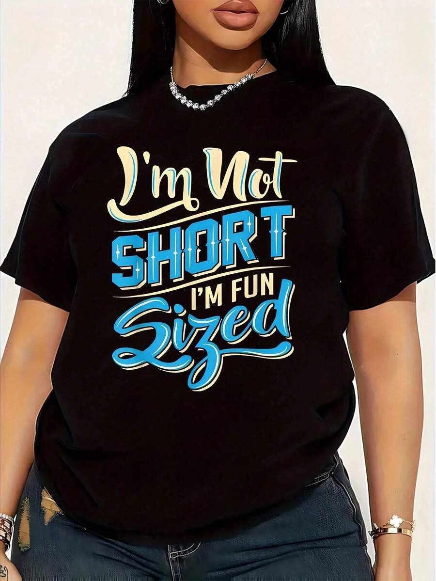 I'm Not Short, I'm Funny, Plus Size Women's T-Shirt, 1 Piece, Funny Graphic Tee, Short Sleeve, Novelty, 100% Cotton, Casual Crew Neck T-Shirt, 220g - 黑色 - 查看 1