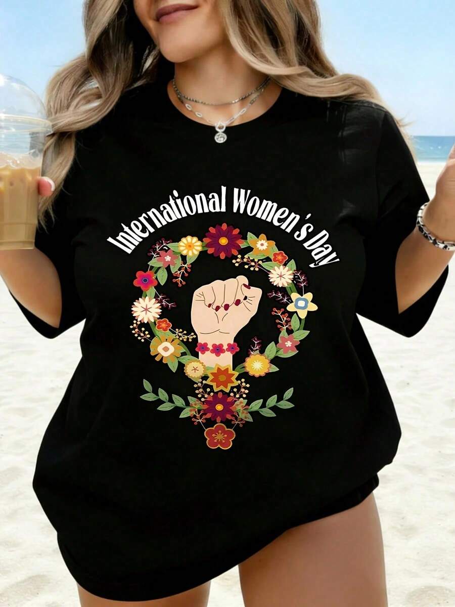 Camiseta para el Día Internacional de la Mujer, Diseño Floral con Puño, Cuello Redondo Blanco, para Fiesta en la Playa, Regalo de Celebración 2024 - Negro - Ver 1