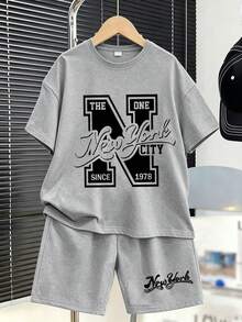 2pcs/Set Teenager Boys' Casual Funny English Letter Print Round Neck Short Sleeve T-Shirt And Shorts Set, Summer - Grey - View 6