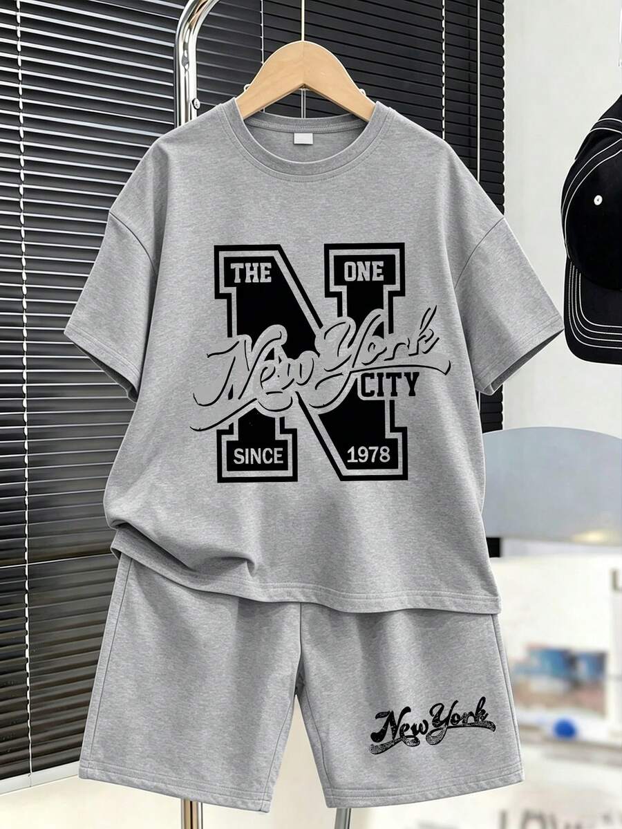 2pcs/Set Teenager Boys' Casual Funny English Letter Print Round Neck Short Sleeve T-Shirt And Shorts Set, Summer - Grey - View 1